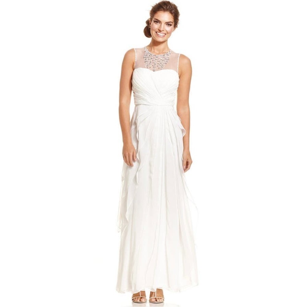 Adrianna Papell White Chiffon Embellished Gown Ruffles Size 14